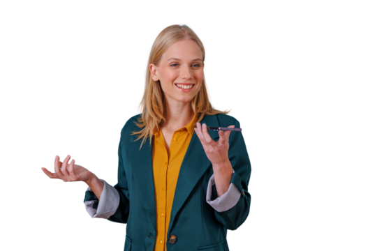 Young businesswoman holding a smartphone, communicating and gesturing with hands, smiling and talking on transparent background