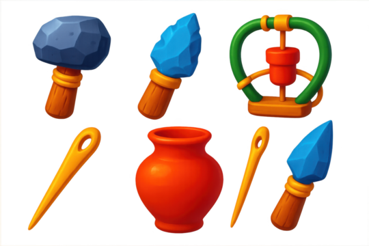 Collection of objects, including a blue arrow, a red vase, and a green object