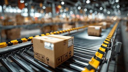Automated package moving on conveyor belt in modern distribution center or warehouse, logistics concept - Powered by Adobe