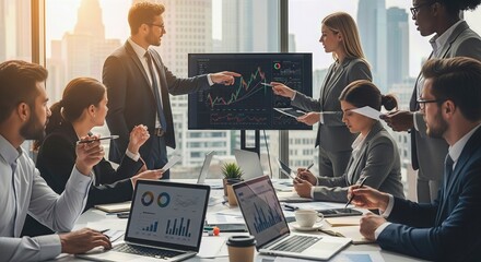 Business team analyzing financial growth charts on large monitor and laptops, discussing economic trends in modern office setting with cityscape views, strategic planning meeting, corporate wealth .