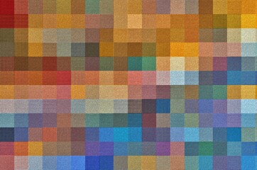 Colorful mosaic texture made of small vibrant squares blending warm and cool tones creating a dynamic abstract background with soft pixelated patterns and artistic geometric design