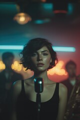 Female singer performing on stage under cinematic lighting