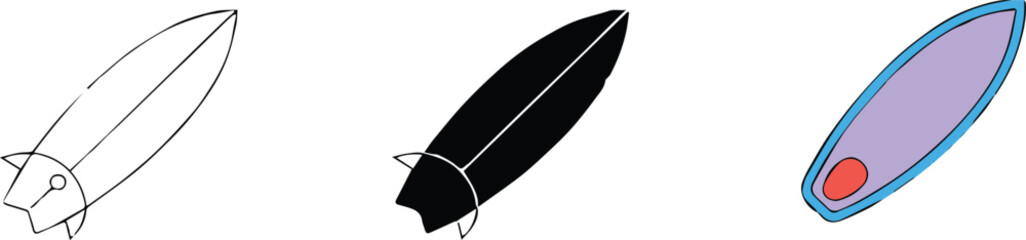 surfboard outline icon showing three graphic styles and leash circle