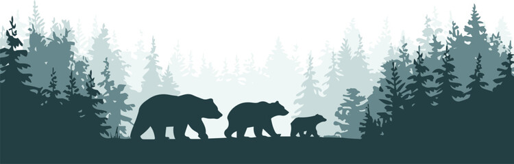 bear walking trio through layered pine forest silhouette vector