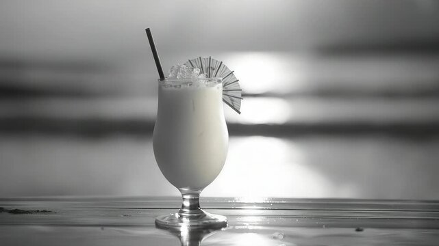 A deliciously blended drink with a fruit slice garnish served at an outdoor bar.