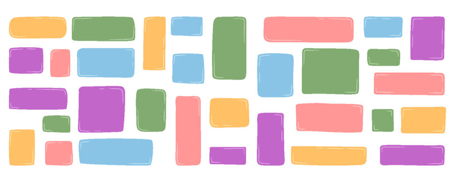 Hand drawn color set of organic shape quote boxes with rectangle banner frame template. Colorful background shapes serve as creative box elements and banner frames, ideal for text or quote