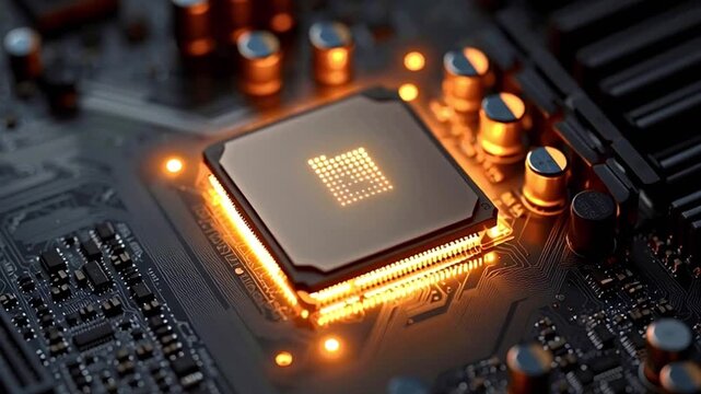 Advanced central processing unit transmitting digital information through a futuristic motherboard. Representing technological innovation. Artificial intelligence. And powerful computing capabilities