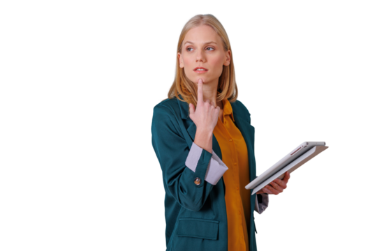Businesswoman holding a tablet, thinking and contemplating new ideas, making important decisions with a confident expression