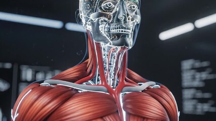 A detailed 3D render of a human upper body with visible muscles, veins, and skeletal structure, presented in a clinical setting with dark tones. Perfect for medical presentations, educational