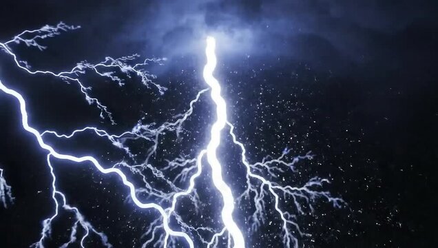 A dramatic display of lightning strikes illuminating a dark sky with branching patterns of light