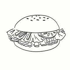 Hamburger line art sketch. Illustration with sandwich. Vegetarian Shawarma, barbecue. Design elements for fast food and BBQ menu. Meat, butcher shop. Hand drawn vector