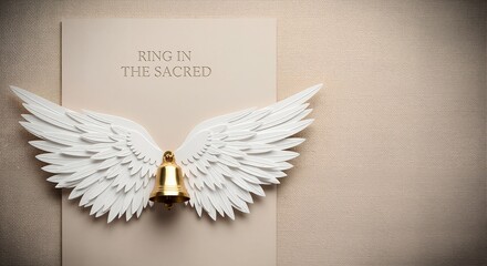 White paper angel wings with a golden bell on a textured background. Sacred, holy, and spiritual concept. Minimalist flat lay with copy space for an invitation or greeting card