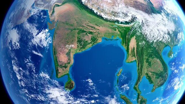 A digital rendering of Earth, focused on the Indian subcontinent, with clouds and blue oceans