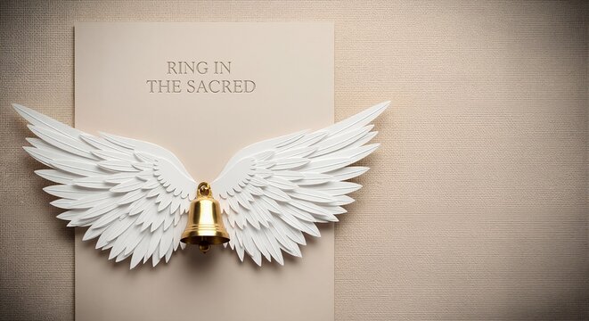 White paper angel wings with a golden bell on a textured background. Sacred, holy, and spiritual concept. Minimalist flat lay with copy space for an invitation or greeting card