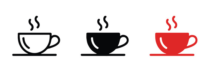 coffee cup icons steam mug on saucer minimal vector set