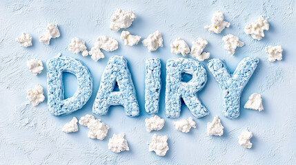 Word "Dairy" surrounded by cottage cheese on textured blue background