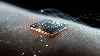 A microchip rests on a finger, lines of light connect it