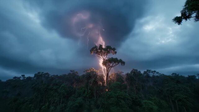 Dramatic jungle scene depicts a solitary tree struck by lightning under ominous, cloudy skies