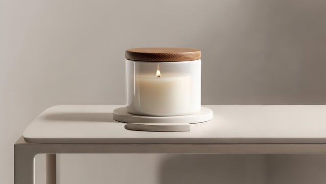 A minimalist white candle in a glass jar with a wooden lid, sitting on a white surface - Powered by Adobe