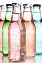 Colorful carbonated drinks in glass bottles with condensation