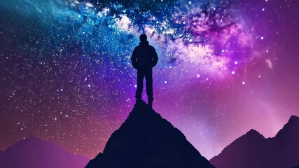 A Stargazer's Vista: A solitary figure stands atop a majestic peak, gazing in awe at the vast, star-studded cosmos, a silhouette against a breathtaking panorama of swirling galaxies. 