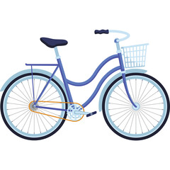 A blue cruiser bicycle with a white basket on the front and a rack on the back isolated on a transparent background