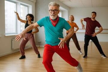 Energetic senior man dances in a studio class with a group, wearing a bright outfit and bandana; active fitness, rhythm, and fun movement.