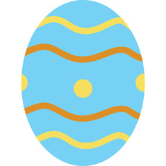 A blue easter egg with wavy orange and yellow stripes and yellow polka dots on a transparent background