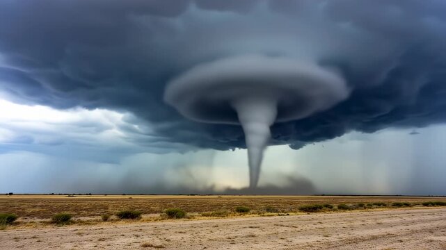 A powerful tornado descends from ominous dark storm clouds over a flat, dry landscape