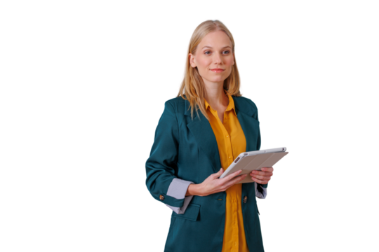 Businesswoman holding tablet, looking forward, thinking about digital strategy and corporate innovation with transparent background