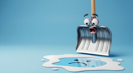 Shocked snow shovel character watching a sad puddle of melting snow. End of winter season. Climate change and global warming metaphor