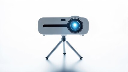 A modern projector on a tripod, light gray, against white background.  Lens glows blue
