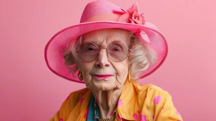 The depicts a cheerful elderly woman wearing vibrant pink clothing and accessories. She is sitting with her eyes closed, enjoying the moment.