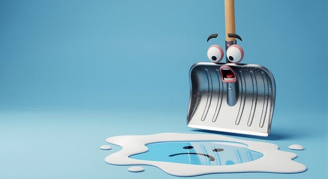 Shocked snow shovel character watching a sad puddle of melting snow. End of winter season. Climate change and global warming metaphor