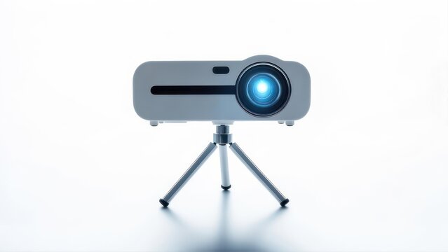 A modern projector on a tripod, light gray, against white background.  Lens glows blue