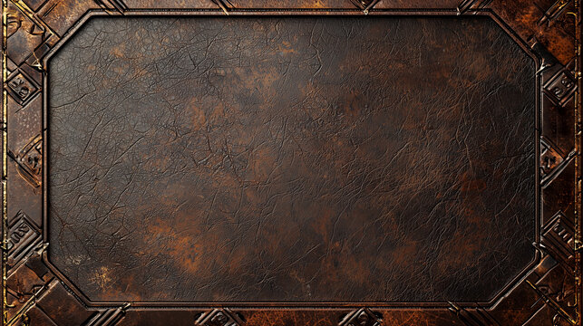 Aged brown leather background with detailed metallic ornamental border, ideal for fantasy, vintage, or steampunk-themed designs.