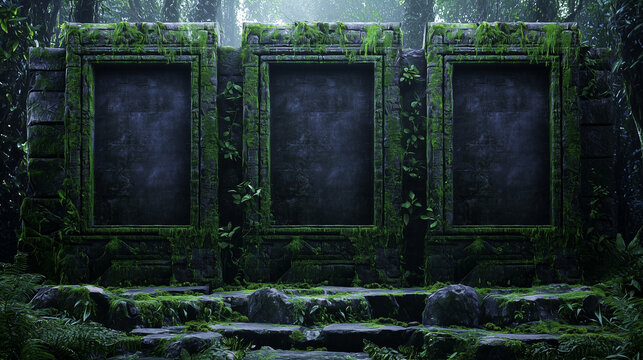 Mysterious ancient stone wall with three empty frames, covered in moss and vines, hidden deep in a lush jungle.