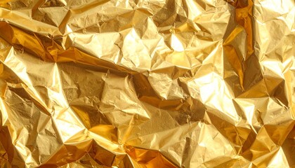 金色の紙がしわを帯びて複雑に反射する質感豊かな抽象壁紙背景素材の描写