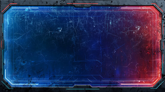 Grunge sci-fi user interface frame with glowing blue and red lights, digital tech border and cracked futuristic texture.