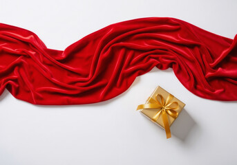 Gold Christmas Gift Box on Red Satin Fabric