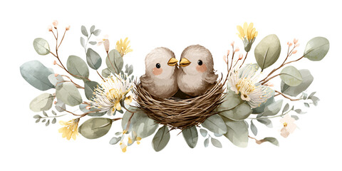 Watercolor illustration of two cute birds in a nest surrounded by eucalyptus leaves and flowers Concept of love, spring, and nature