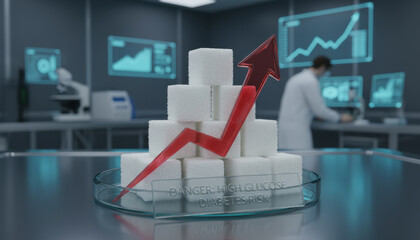 In a modern research lab, sugar cubes are arranged in a pyramid. A red arrow points upward, indicating rising glucose levels. A scientist works in the background, analyzing data on diabetes risk