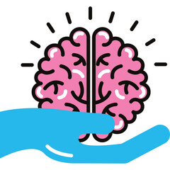 A bright pink brain with a transparent background is gently held by a light blue hand symbolizing health and knowledge understanding and medical care