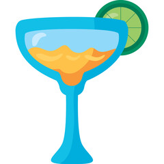 A Blue Margarita Cocktail Glass With Orange Liquid And A Green Lime Slice On A Transparent Background