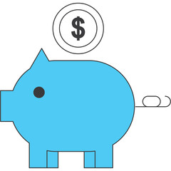 A blue piggy bank with a dollar coin above ready to be inserted for savings and financial growth concept on a transparent background with a minimalist design