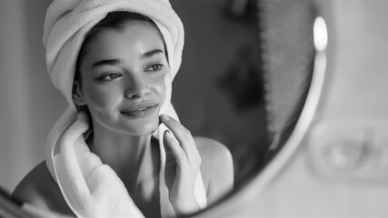 Young woman applying makeup in mirror reflection.