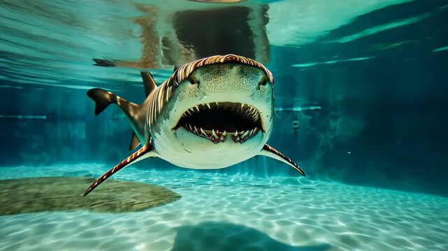 Close-up of a Great White Shark: A powerful close-up view of a Great White shark, displaying its sharp teeth and commanding presence in the clear blue water.