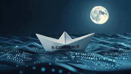 A paper boat labeled "E-COMMERCE" navigating a digital sea at night under a full moon