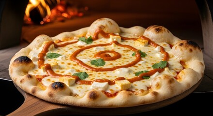 A delicious pizza with a swirl of tomato sauce, fresh mozzarella, and basil leaves, baked to perfection in a woodfired oven for a delightful meal