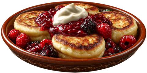 Delicious Syrniki with Raspberry Jam and Sour Cream in a Rustic Bowl Traditional Eastern European Breakfast Food Concept